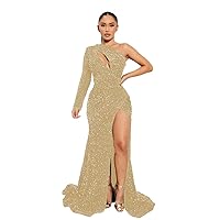Long Sleeves Sequin Prom Dresses for Women with Slit Mermaid Pleated V Neck Formal Evening Dress 2023 DE31