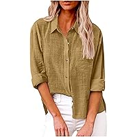Linen Button Down Shirt Women Cotton Long Sleeve Blouses Summer Casual V Neck Collared Loose Fit Solid Tops
