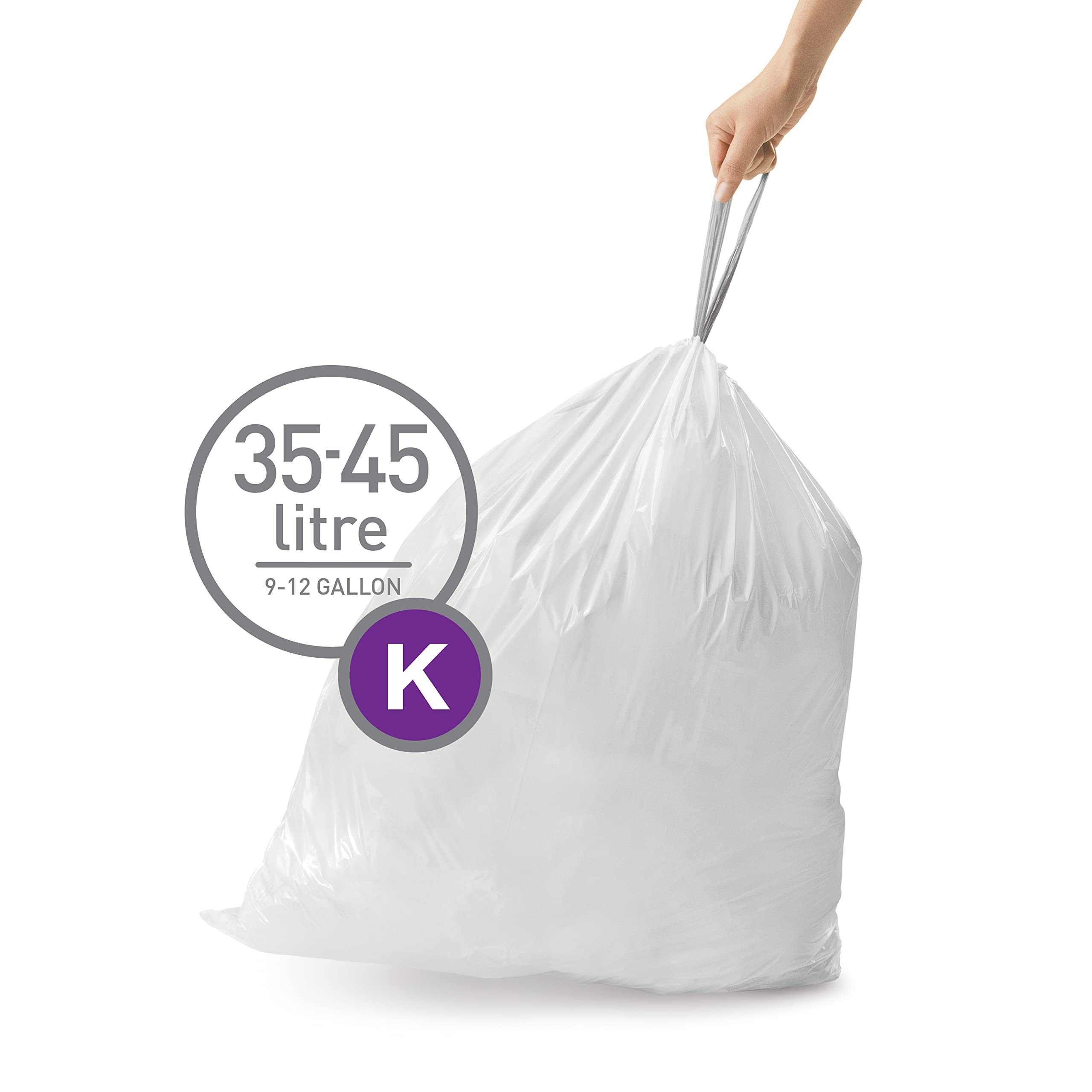 simplehuman Code K Custom Fit Drawstring Trash Bags in Dispenser Packs, 100 Count, 35-45 Liter / 9-12 Gallon, White