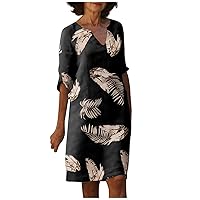 UOFOCO African Dresses for Women Cheap Clearance 2024 Sexy V Neck Half Sleeve Knee Length Women's Vacation Trendy Summer Linen Dress Black XX-Large