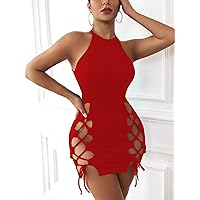 Summer Dresses for Women 2022 Lace Up Front Halter Neck Bodycon Dress Dresses for Women (Color : Red, Size : Medium)