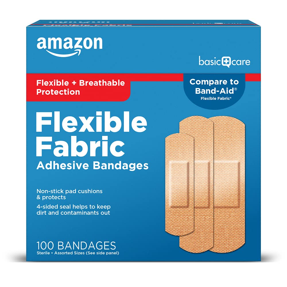 Amazon Basic Care Flexible Fabric Adhesive Bandages, First Aid and Wound Care Supplies, Assorted Sizes, 100 Count