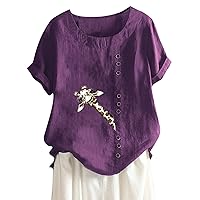 Oversized Tshirts Shirts for Women Cotton Linen Floral Printed Short Sleeve Loose Fit Crewneck Womens Tops