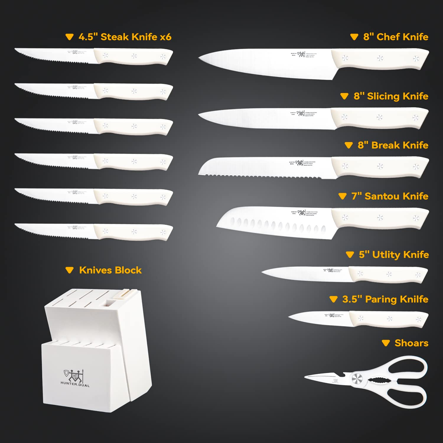 Knife Sets for Kitchen with Block, HUNTER.DUAL Knife set, 15 Pcs Kitchen Knife Set with Block Self Sharpening, Dishwasher Safe, Anti-slip handle, White