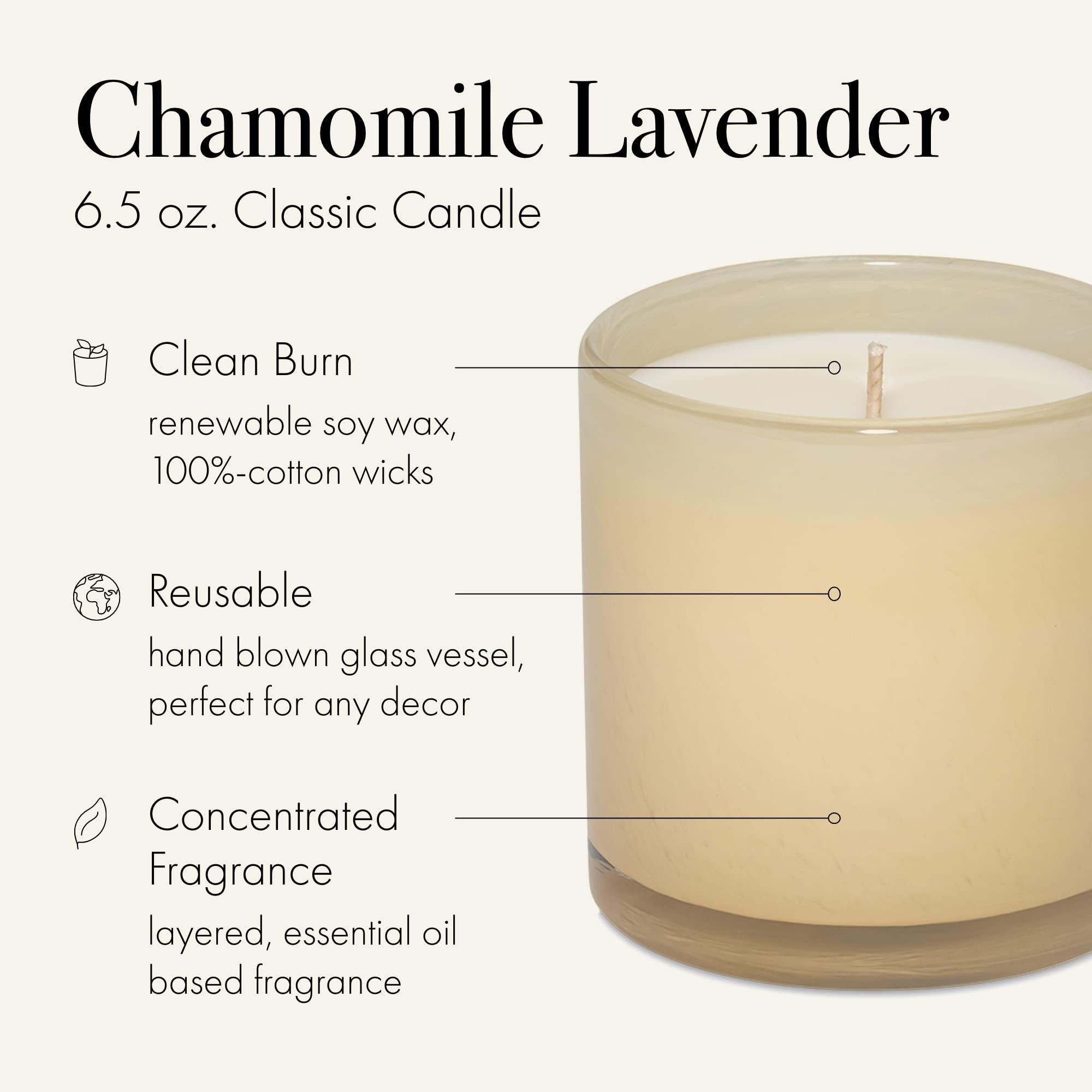 LAFCO New York Classic Candle, Chamomile Lavender - 6.5 oz - 50-Hour Burn Time - Reusable, Hand Blown Glass Vessel - Made in The USA