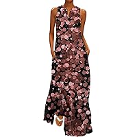 Maxi Dress for Women,2024 Spring Summer Trendy Floral Print Sundress,Casual Loose Sleeveless V Neck Tank Flowy Boho Dress