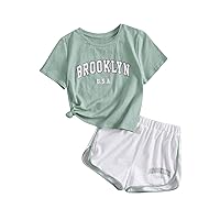 WDIRARA Girl's Letter Print Tee Tops & Elastic Waist Track Shorts 2 Piece Summer Workout Outfits Sets