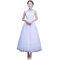 Women's Elegant Sleeveless Tea Length Lace Wedding Dress Prom Gowns