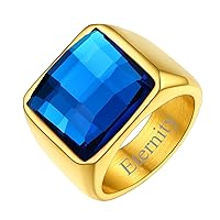 FindChic Stainless Steel Black/Blue Gemstone Signet Rings for Men Women Square Created Topaz/Custom Birthstone Nugget Ring for Party Anniversary Size 7 to 14 + Gift Box