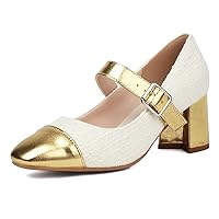 Women Fashion Mary Jane Shoes Metallic Blok Heels Cap Toe Two Tone Party Shoe Ankle Strap Patchwork Work Office Pumps