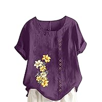 Plus Size Cotton and Linen Summer Tops for Women Button Short Sleeve Floral Printed Tunic T Shirt Dressy Casual Blouse