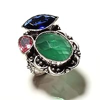 Girls Jewellery! Dyed Emerald and Topaz Quartz Handmade Sterling Silver Plated Ring Size 7.25 US