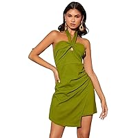 Dresses for Women Sleeveless Summer 2022 Solid Wrap Tie Backless Halter Dress (Color : Olive Green, Size : Medium)