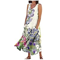 Boho Dresses for Women 2024 Summer Loose Round Neck Flower Print Sleeveless Large Swing Dress with Pockets