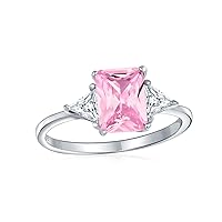 Bridal Past Present Future 3 Stone 3CT CZ Canary Yellow Pink Blue Sapphire AAA Cubic Zirconia Rectangle Solitaire Emerald Cut Engagement Ring Trillion Cut Side Accent .925 Sterling Silver