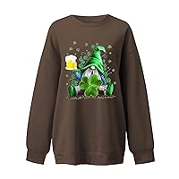 St Patricks Day Oversized T Shirt for Women Long Sleeve Irish Shamrock Graphic Crewneck Sweatshirt Cute Green Gnome Tops