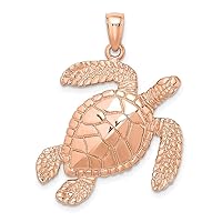14k Rose Gold Large Swimming Sea Turtle High Polish and Textured Charm Pendant Necklace Jewelry Gifts for Women