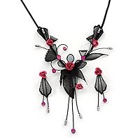 Charming Y-Shape Pink Rose Necklace & Drop Earring Set In Black Metal