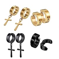 4Pairs Stainless Steel No Piercing Cross Hoop Dangle Earrings for Men Women,Hypoallergenic,Gold