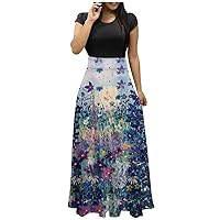 Womens Casual Dress Costume 2023 Floral Print Short Sleeve Round Neck Dresses Casual Relaxed Fit Ankle Length Dress