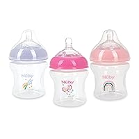 Nuby 3-Pack Infant Feeding Bottles with Slow Flow Breast Size Silicone Nipple: 0+ Months, 6oz, 3 Pack Set: Delicate Star, Rainbow, Butterfly Prints