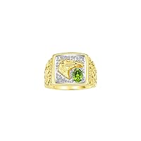 Rylos Men's Yellow Gold-Plated Sterling Silver Lucky Nugget Horse Head Ring with 6X4MM Gemstone and Diamond Accent - Birthstone Elegance for Men, Sizes 8-13 Available