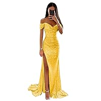 Women's Sparkly Sequin Off The Shoulder Prom Dresses 2024 Long V Neck Mermaid Formal Evening Party Gown R052