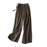 Trendy Culottes Linen Wide Leg Pants for Women Tie-Knot Elastic Waist Casual Loose Flowy Palazzo Trousers with Pocket
