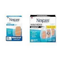 Waterproof Clear Bandages for Knee and Elbow 30 Count and Nexcare Max Hold Waterproof Bandages 60 Count Clear Waterproof Bandages