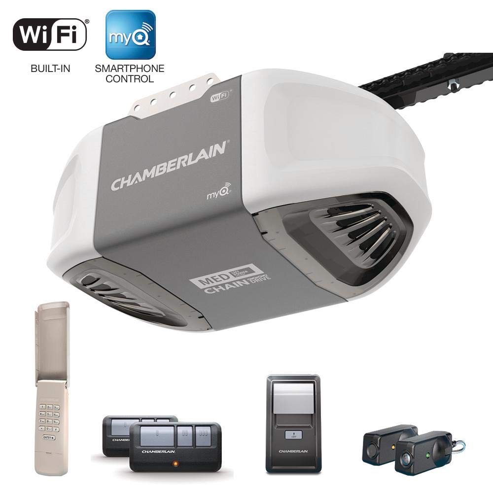 Chamberlain C450 Smart Garage Door Opener - myQ Smartphone Controlled - Ultra Quiet Durable Chain Drive with MED Lifting Power, Wireless Keypad Included, Gray