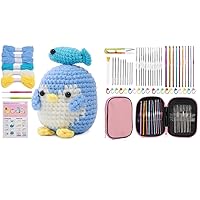 IMZAY Crochet Animal Kit with 54pcs Pink Crochet Hooks Kit, Beginner Animal Crochet Kit, Cute Crochet Starter Kit with Crochet Hooks, Colored Yarns, A Complete Crochet Set to Make Blue Penguin