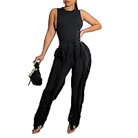 Vakkest Women's 2 Piece Outfits Sleeveless Tanks Top High Waist Fringe Long Pants Casual Tassels Bodycon Yoga Pants