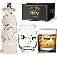 Grandpa Grandma Est 2024 Wine & Whiskey Glass Gift Set, Pairs Well With Grandparent Cotton linen Wine Gift Bag With Drawstring Gifts for Grandparent Men Women, 1 Wine Bag-m117