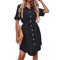 Women's Dress Dolman Sleeve Belted Shirt Dress (Color : Black, Size : X-Small)