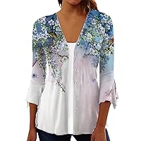 Summer Cardigan for Women 2023 Open Front Floral Print 3/4 Sleeve Button Down Top Lightweight Blouse Cardigan