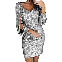 SNKSDGM Women's Sequin Evening Prom Mini Dress Shiny Glitter Sexy Cut Out Long Sleeve Deep V Bodycon Dress Club Party Gowns