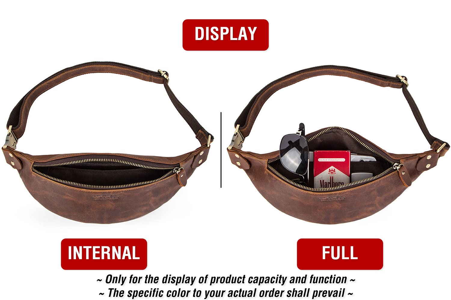 Top Grain Genuine Leather Slim Waist Pack for Man & Woman, Minimalist Vintage Design, Handmade with Detachable Hardware, Slim Fanny Pack Small Crossbody Belt Bag for Traveling or Riding, Coffee