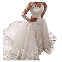 Tsbridal Detachable Skirt Wedding Dress Long Sleeves Lace Mermaid Wedding Dresses