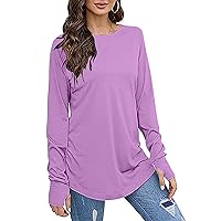 Women's Thumb Holes Long Sleeve Tunic Tops Fall Casual Flowy Curved Hem T-Shirts Oversized Crewneck Solid Blouses
