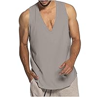 Men Sleeveless Shirts Summer Casual Beach Tank Tops Deep V Neck T Shirt Loose Fit Business Vest Basic Tank Shirts