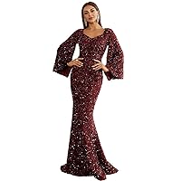 Miss ord Women’s Formal Sequins Elegant V-Neck Prom Maxi Dress, Long Sleeve Mermaid Floor-Length Evening Gowns