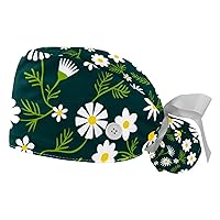 2 Packs Adjustable Working Caps Bouffant Hat with Button Stretchy Band Tie Back Scrub Hats for Women Daisy Flowers