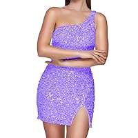 Sequins Short Homecoming Dresses for Teens One Shoulder Bodycon Party Dress with Slit