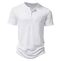 Mens Henley Shirts Summer Fashion Casual Solid Color Slim-Fit Basic Short Sleeve Round Neck Buttons Tee Shirt Tops