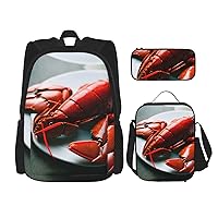 3-In-1 Backpack Bookbag Set,Lobster Print Casual Travel Backpacks,With Pencil Case Pouch, Lunch Bag