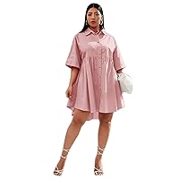 Women's Dress Dresses for Women Plus High Low Single Breasted Shirt Dress (Color : Dusty Pink, Size : X-Large)