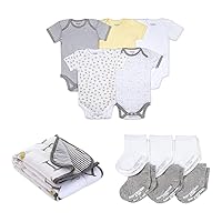 Bundle of Burt's Bees Baby unisex-baby Bodysuits Prints, 6-9 Months + Burt's Bees Baby - Reversible Blanket + Burt's Bees Baby Unisex baby Socks, 6-pack Ankle Or Crew With Non-slip Grips