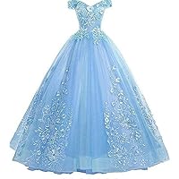 Women's Long Fluffy Quinceanera Dress Off Shoulder Wedding Gown Dresses Sky Blue