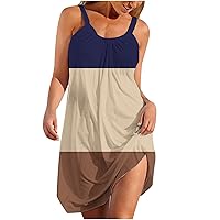 Trendy Geometric Print Color Block Sundress for Women Summer Casual Sleeveless Tank Dress Loose Flowy Beach Short Mini Dress
