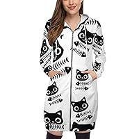 Cat and Fish Bone Graphic Hooded Sweatshirt for Women Zip-up Hoodie Dress Long Pullover Jacket with Pockets